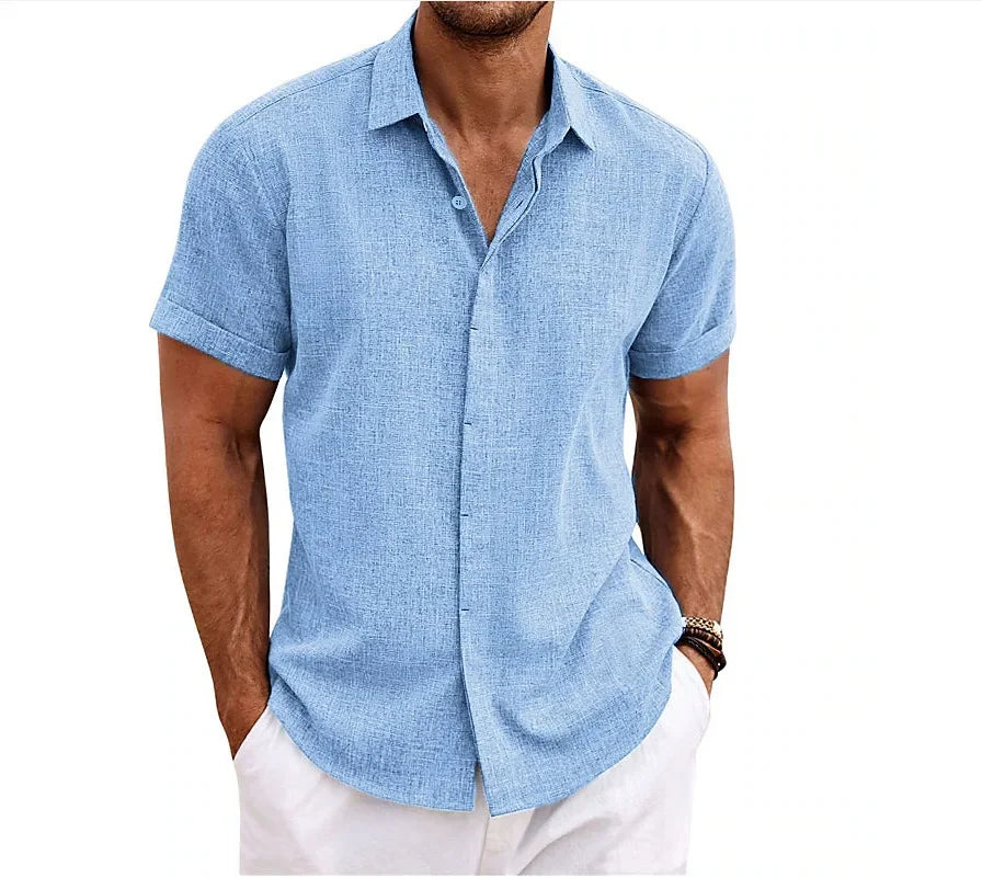 High Quality Cotton Linen Double Placket Men's Cardigan Short Sleeves Summer Home Use Lapel Shirt Cross-Border Style