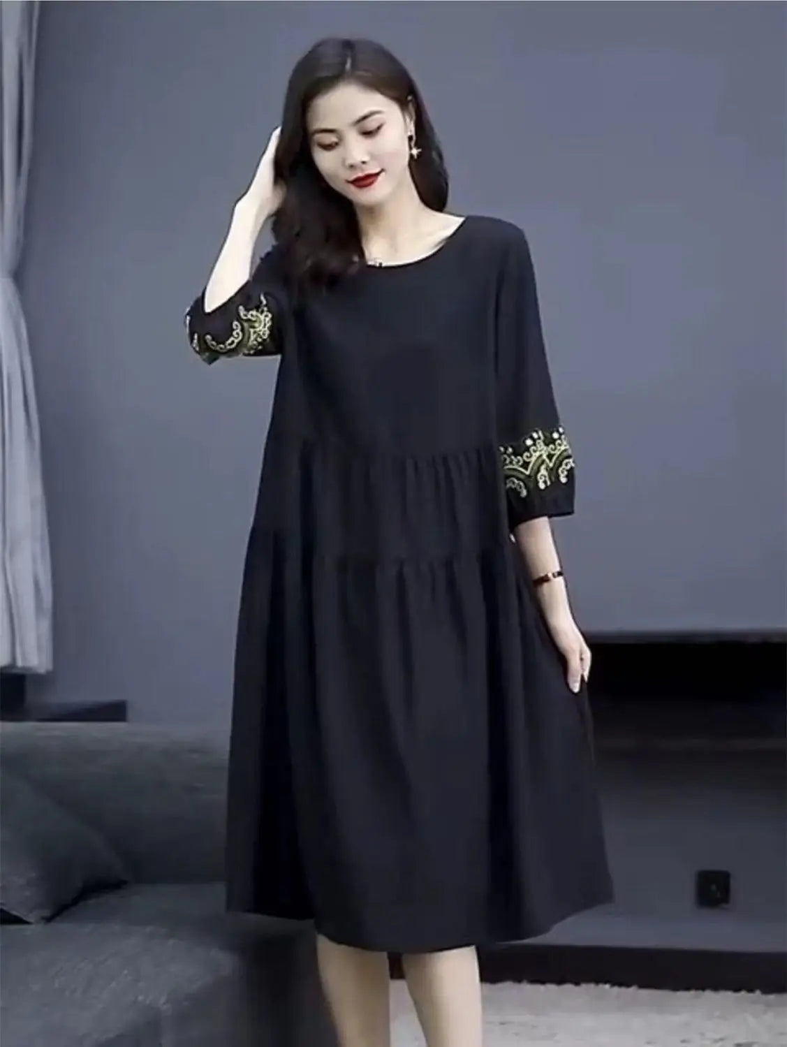 Oversized Women Vintage Long Dress Fashion Casual Spring Summer New 3/4 Sleeve Indie Folk Embroidery Big Size Pullover Midi Robe