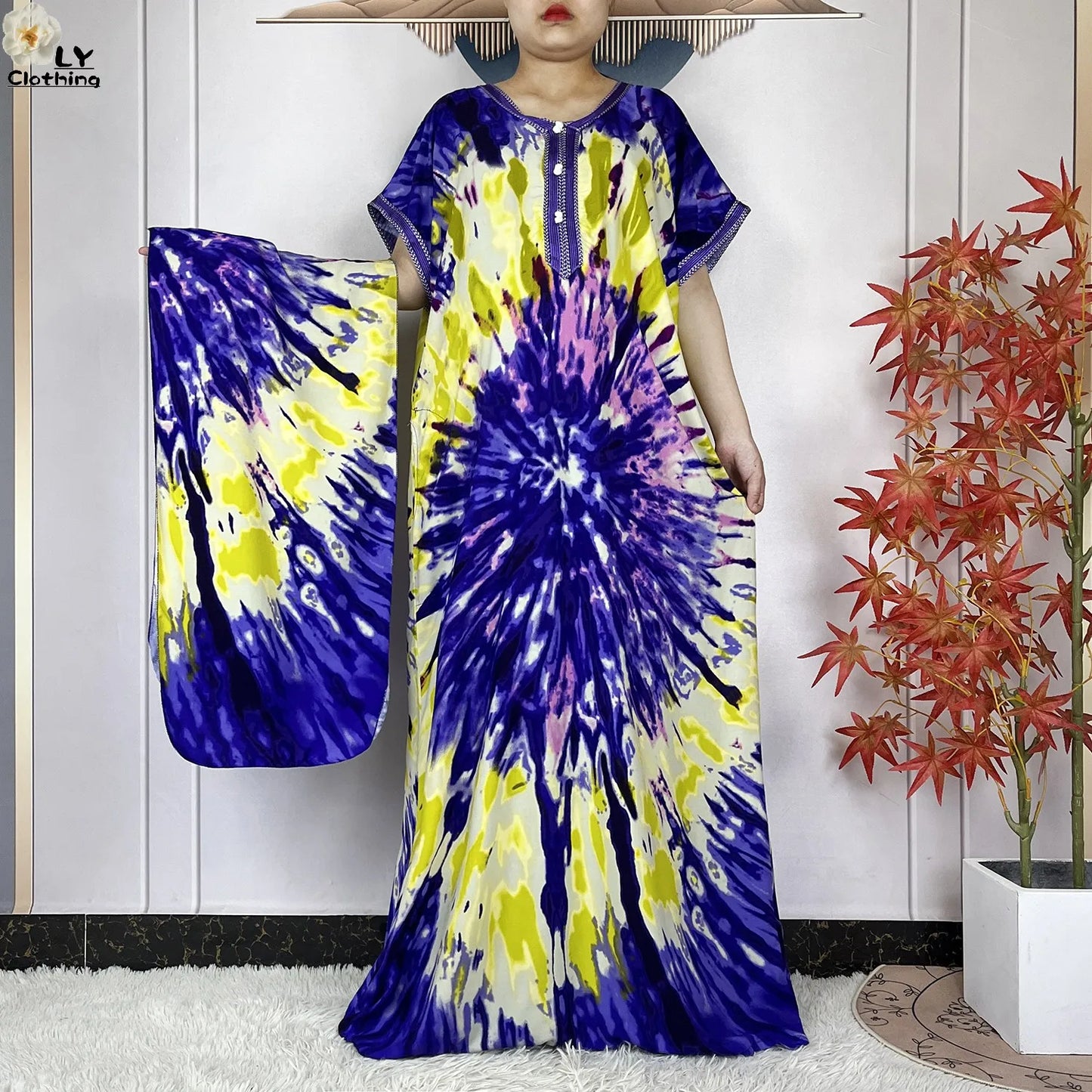 2024 New Style Short Sleeve African Dashiki Tie-dyed Cotton Abaya Caftan Lady Summer Maxi Islam Casual Dresses With Big Scarf