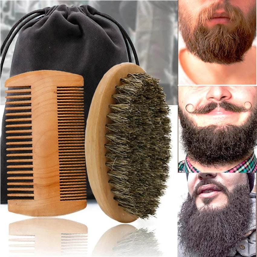 Men Shaving Bamboo Brush Comb Set Boar Bristle Portable Barber Beard Brush Comb Scissors for Facial Cleaning Styling Tool
