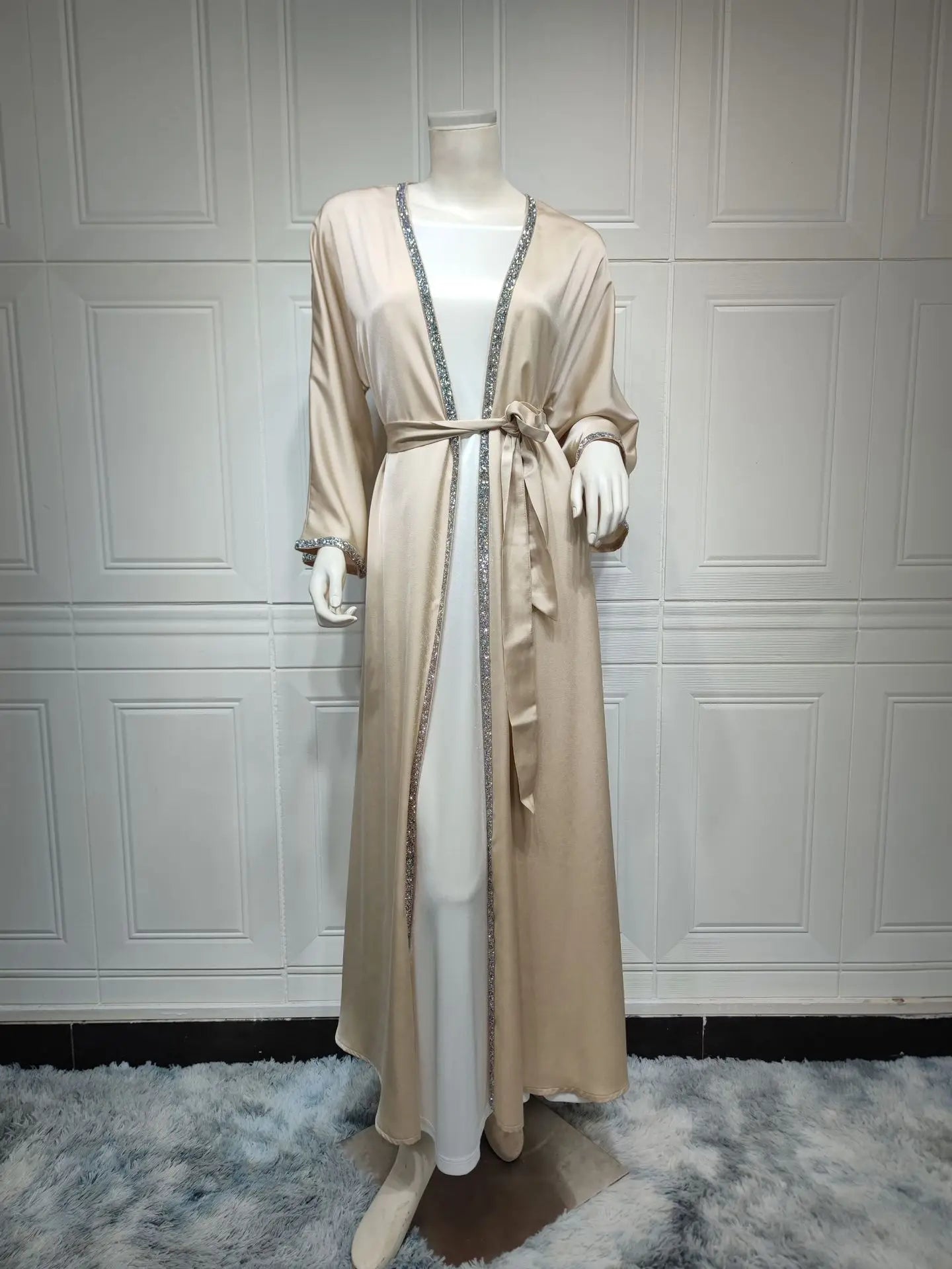 2024 Muslim Dress Diamond Women's Long Dress Fashion Long Sleeve Lace-up Long Abayas Casual Solid Color Clothes for Muslim Women