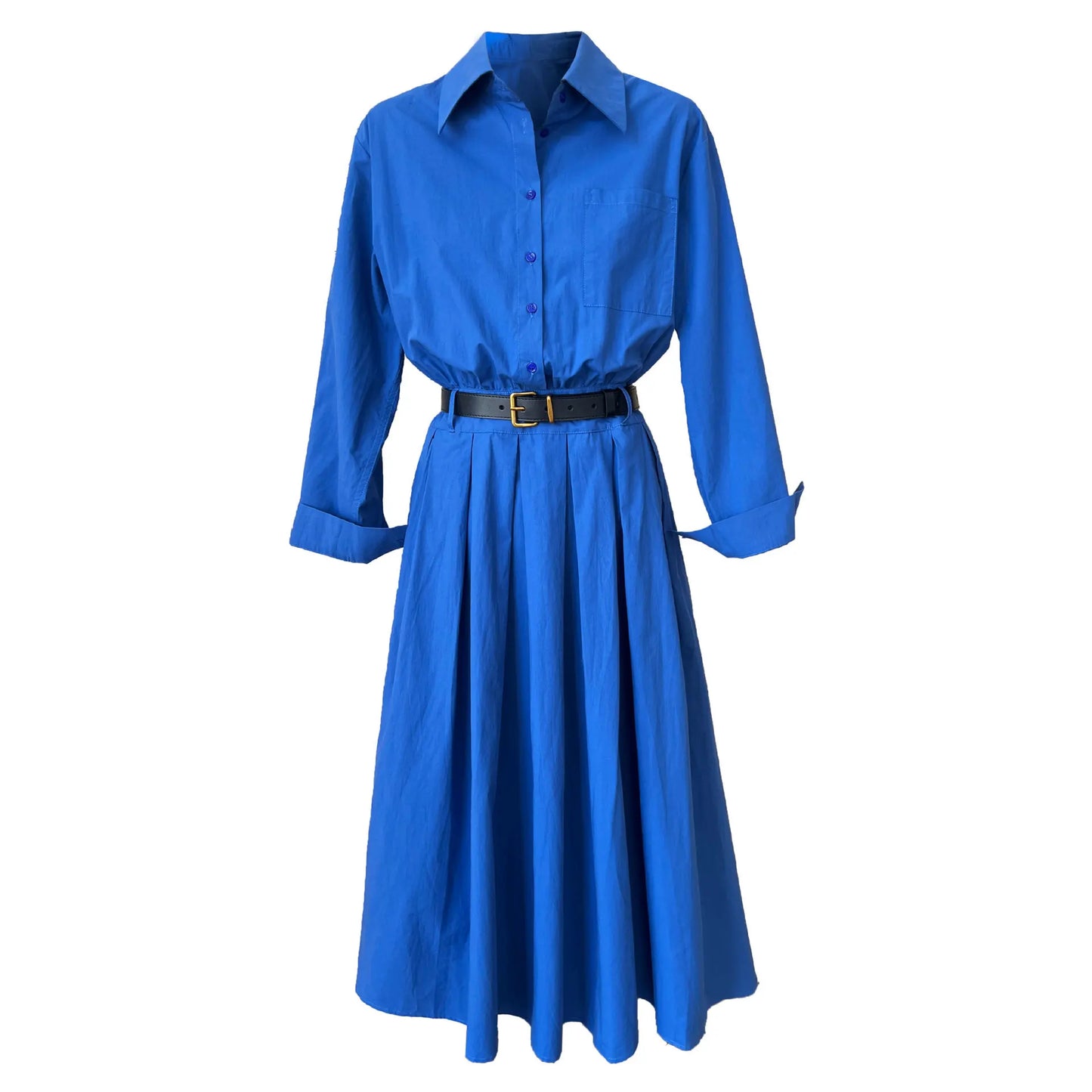 Polo‘s Collar Shirt Dress Women Spring Slimming Long Dress With A Cinched Waist Blue / Pink