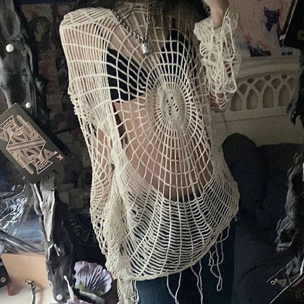 Y2K Street Clothes Spider Web Tops Hollow Hole Design Hooded Pullover Knitwear Sweater Men Korean Fashion Old Genderless Wear