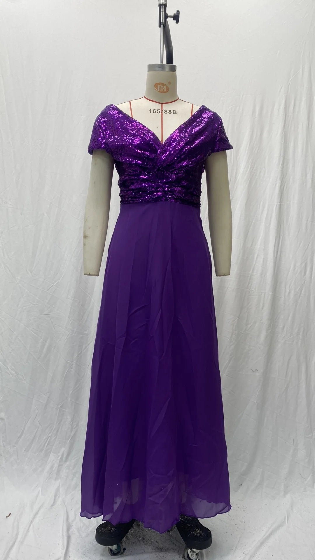 Elegant Sequins Chiffon Dress for Women V Neck Pleated Hem Female Sequins Chiffon Prom Cocktail Long Dress Wedding Evening Dress