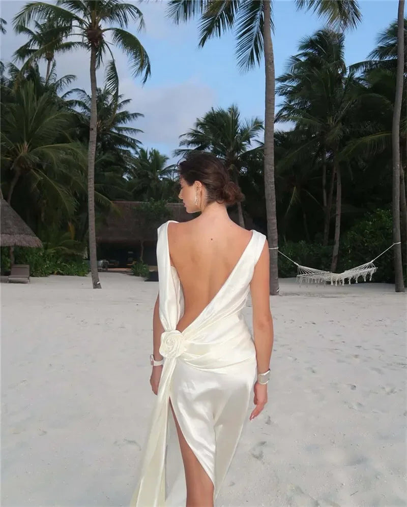 2025 Satin Backless Sexy Long Dress for Women Elegant Rose Thigh High Waist Beach Holiday Gorgeous Club