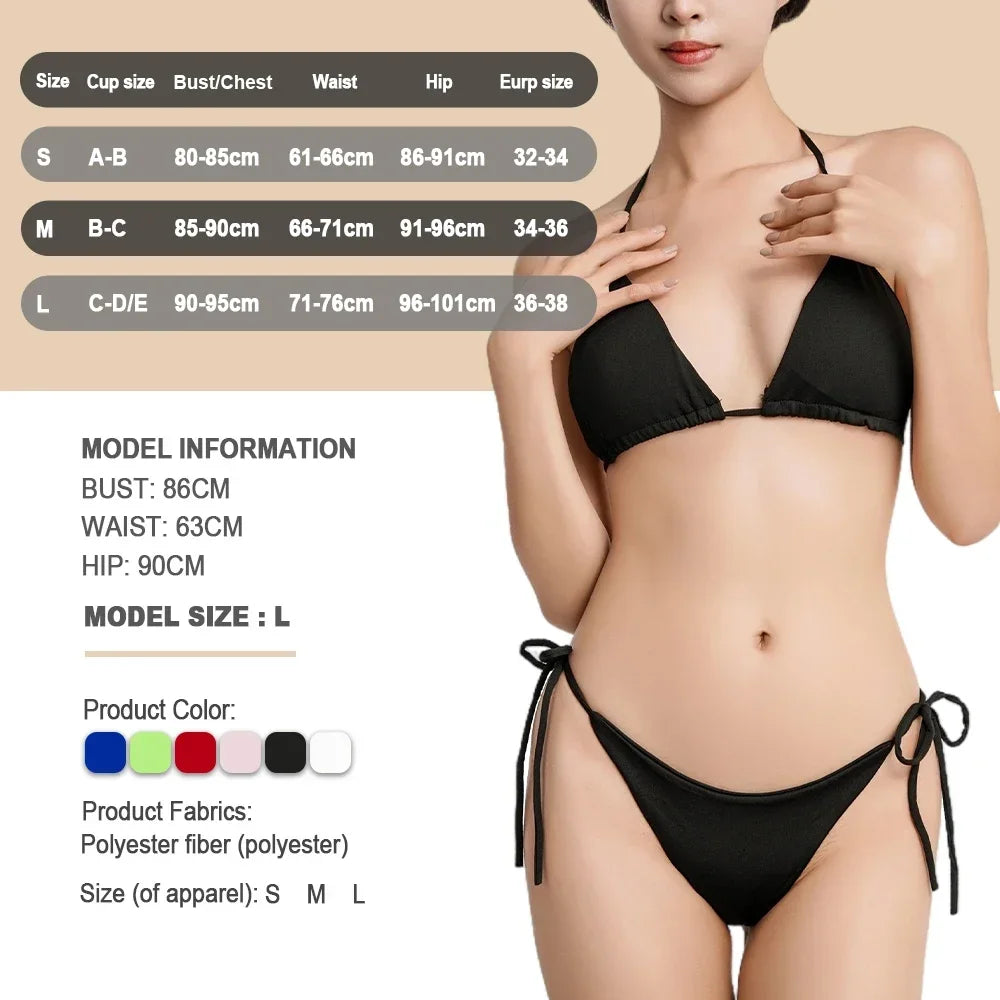 Women Two Pieces Padded Bikini Set Sexy Bra Side Tie Thong Swimsuit Three-point Bandage Brazilian Style Swimwear Biquinis