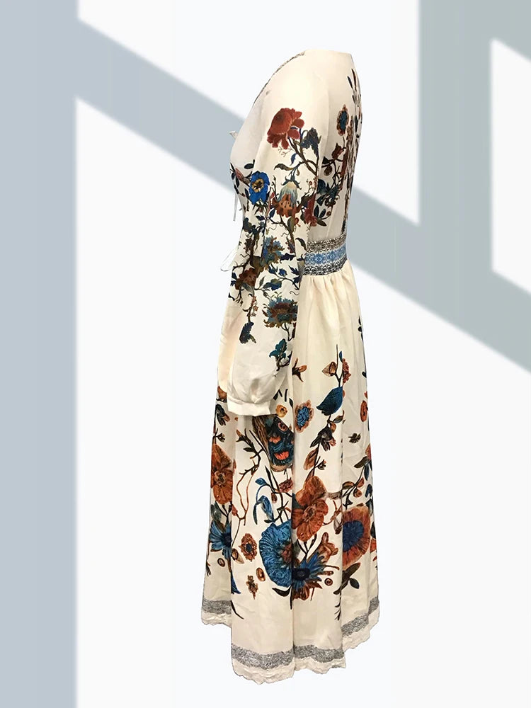 Luxury Elegant Lace Patchwork Boho Women's Long Dress Flower Plants Pattern V Neck Lantern Sleeve Woman's Long Dress for Spring