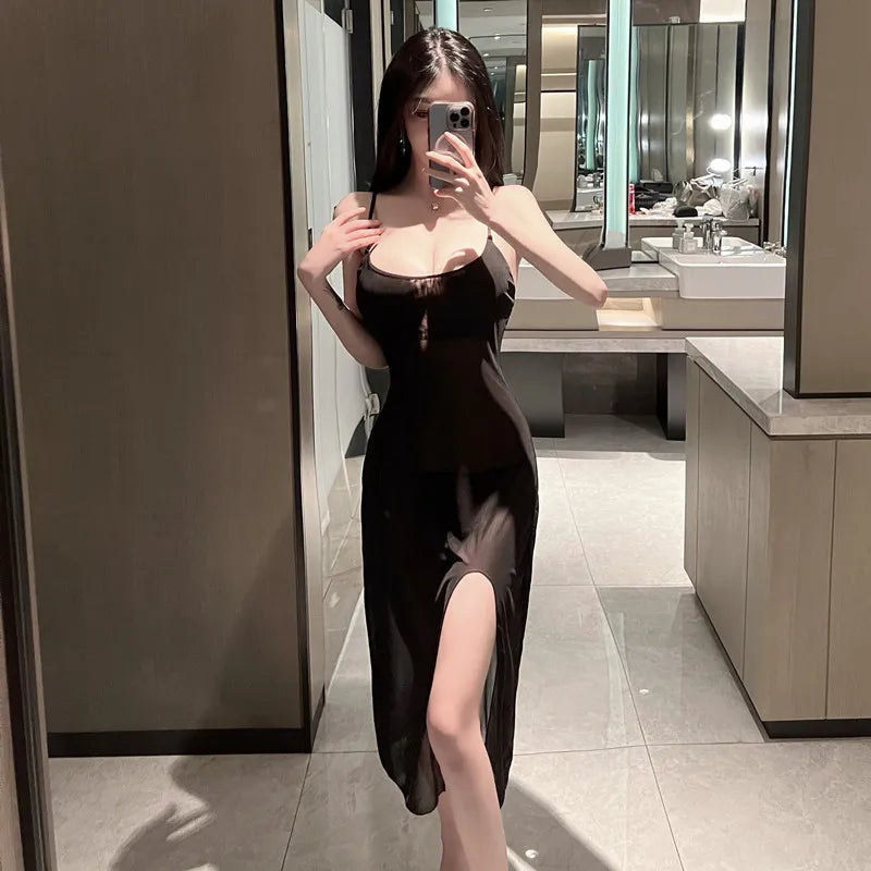 Mesh Lace Sheet Thin Transparent Lingerie Sexy Strap Long Dress Elegant Transparent Nightwear Mesh Hot Sexy Korean Women 8WUG