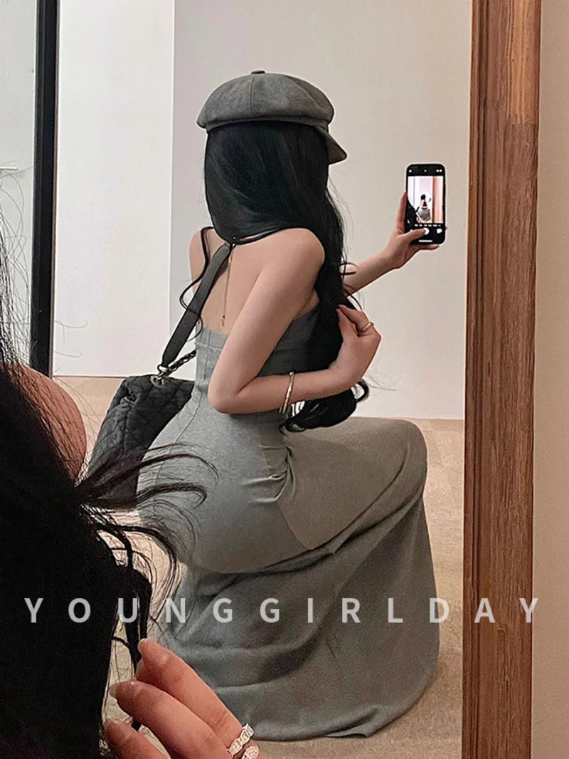 Sweet Women Maxi Dresses Sexy Backless Slim Hanging Neck Dress Long Dress Elegant V Neck Hot Sexy Korean Women Tops 2PLP