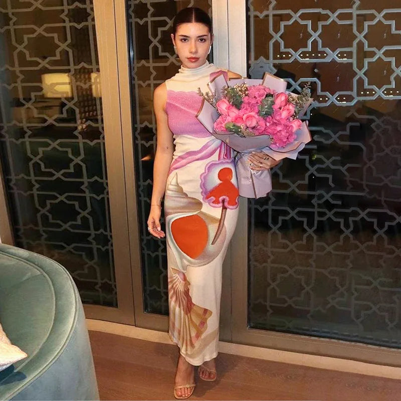 2024 Spring Summer Women long Dress Turtleneck Print Slit Round Neck Sleeveless Slim Fit Maxi Dress Robes Female Party Vestidos