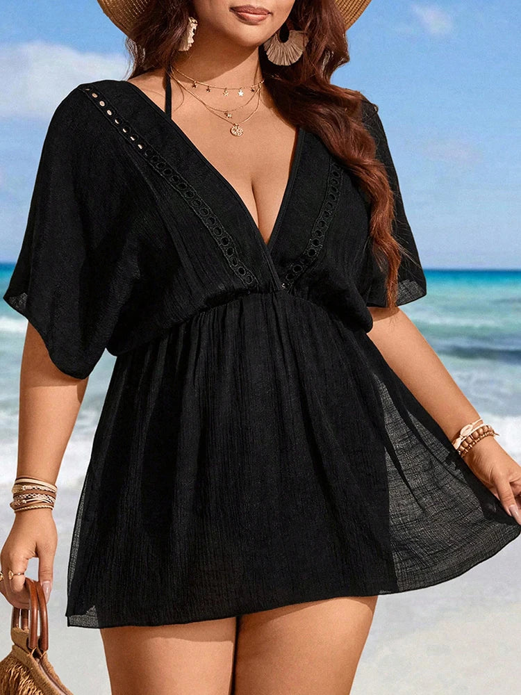 Summer Women Plus Size Bikini Cover Ups Sexy Ladies Chiffon Swimwear Swimsuit Beach Black Sleeve Cover-Up Mini Dress Beachwear