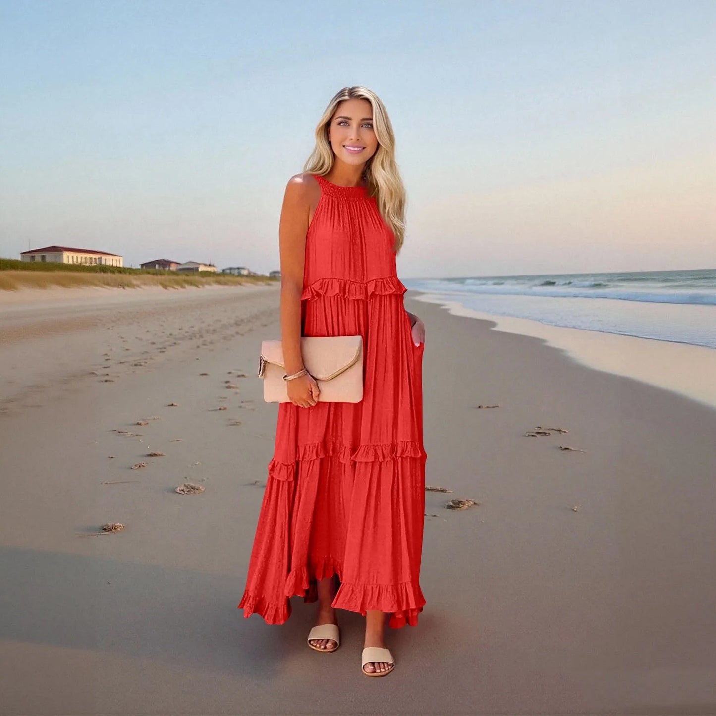 Women's Ruffled hem layered long dresses Summer Sleeveless backless dress Fashion Long Dress Big Swing Beach Dress vestidos