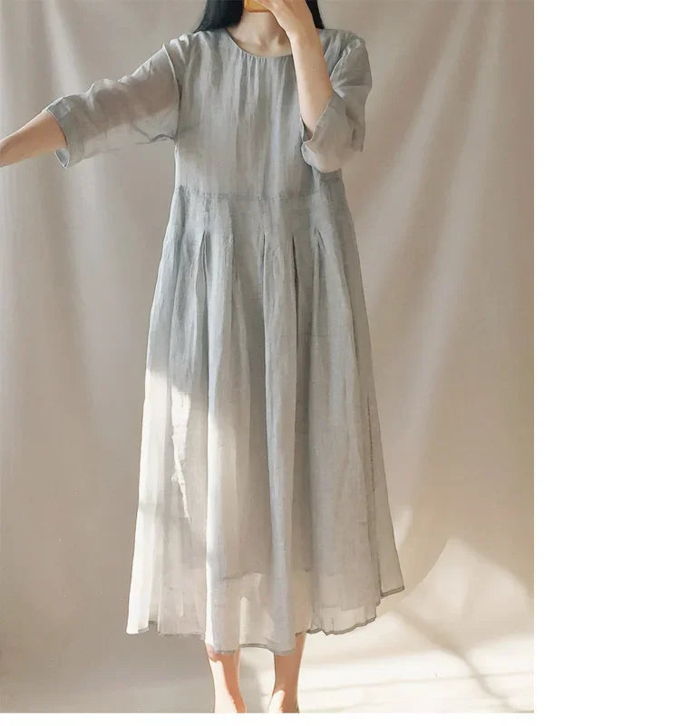 In-stock Korean Lightweight Elegant Dress Artistic Vintage Loose-fit Travel Vacation Long Dress Cotton Linen Women's Clothing