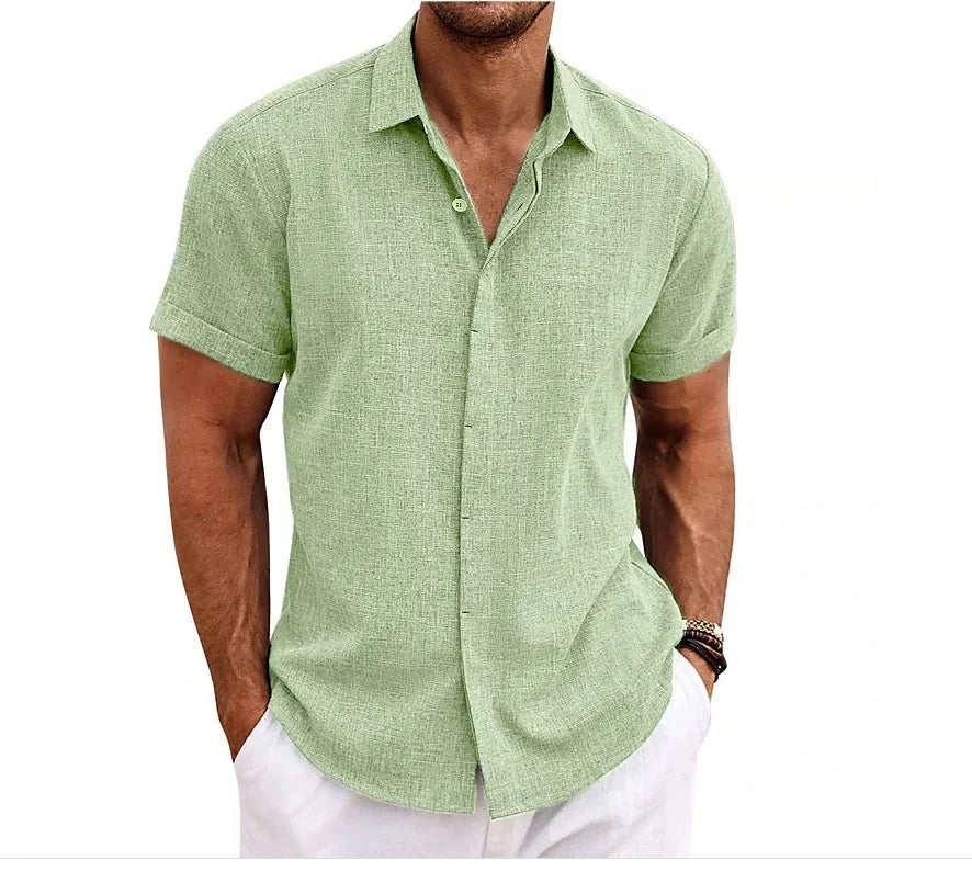 High Quality Cotton Linen Double Placket Men's Cardigan Short Sleeves Summer Home Use Lapel Shirt Cross-Border Style