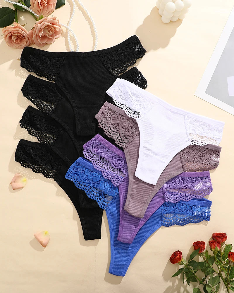 FINETOO 8Pcs Women's Cotton Underwear Lace Thongs Sexy Solid Color Low Waist Bikini Panties Ladies Breathable G-string Lingerie