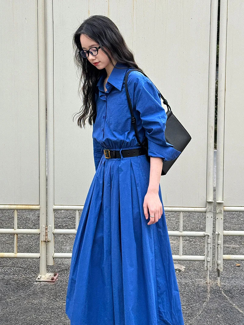 Polo‘s Collar Shirt Dress Women Spring Slimming Long Dress With A Cinched Waist Blue / Pink