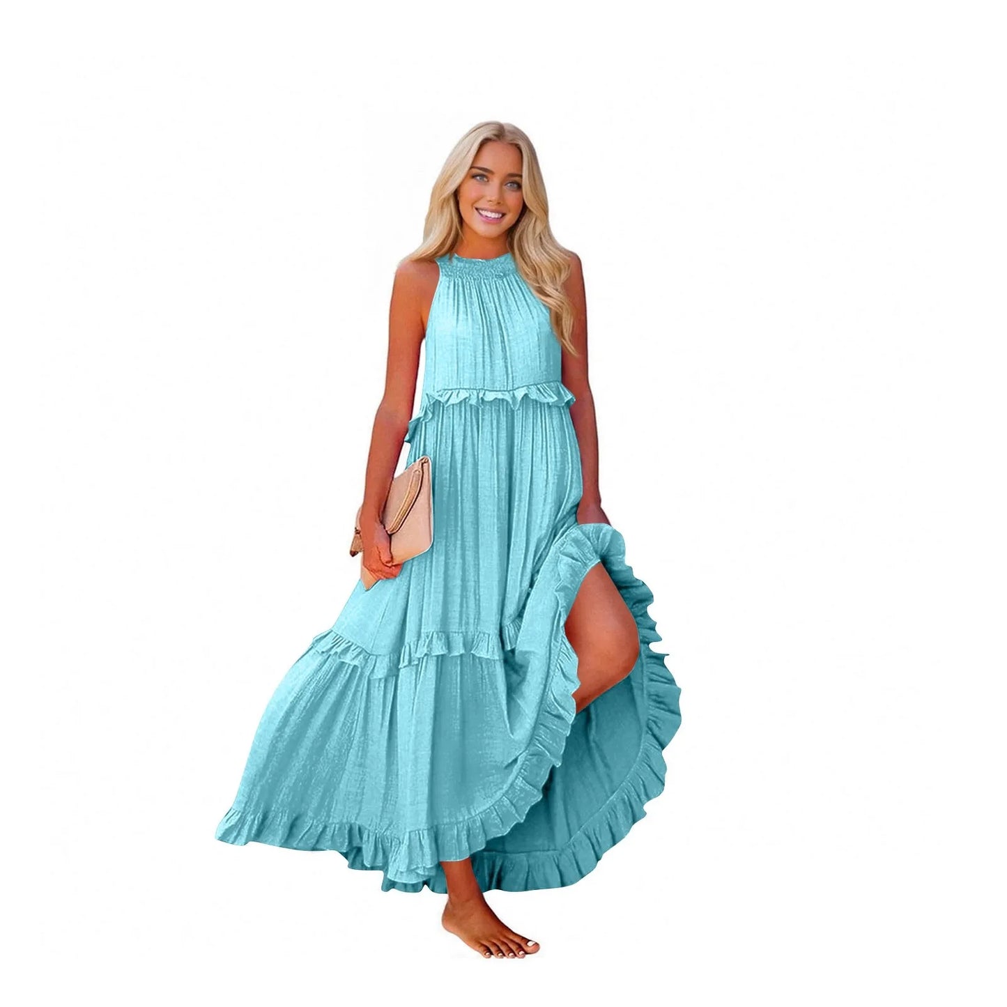Women's Ruffled hem layered long dresses Summer Sleeveless backless dress Fashion Long Dress Big Swing Beach Dress vestidos