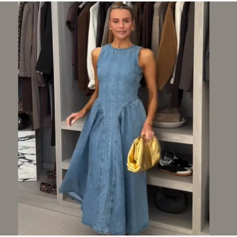 Women Blue Denim Pleated High Waist A-line Long Dress Sexy Backless Sleeveless Lace-up Vestidos Elegant Street Party Dresses