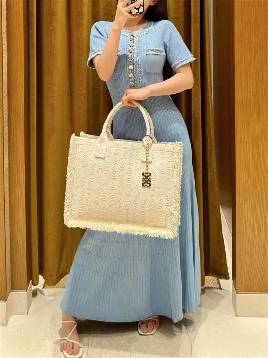 European and American style denim stitching knitted short-sleeved dress women's new high-end design long dress
