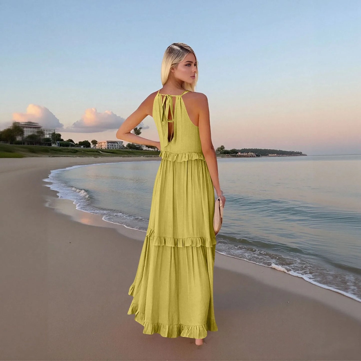 Women's Ruffled hem layered long dresses Summer Sleeveless backless dress Fashion Long Dress Big Swing Beach Dress vestidos