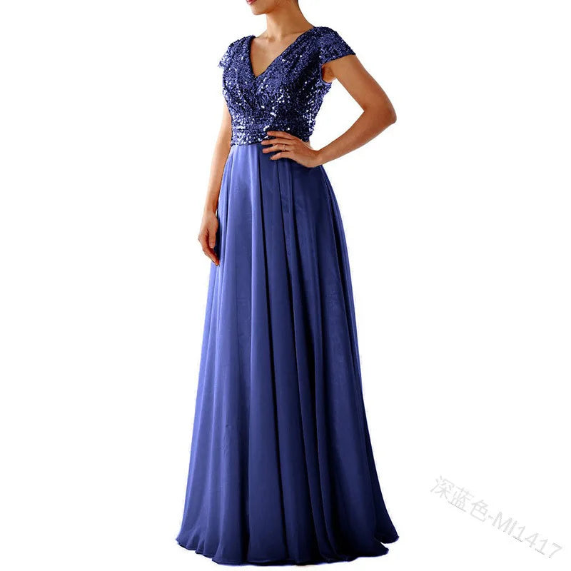 Elegant Sequins Chiffon Dress for Women V Neck Pleated Hem Female Sequins Chiffon Prom Cocktail Long Dress Wedding Evening Dress
