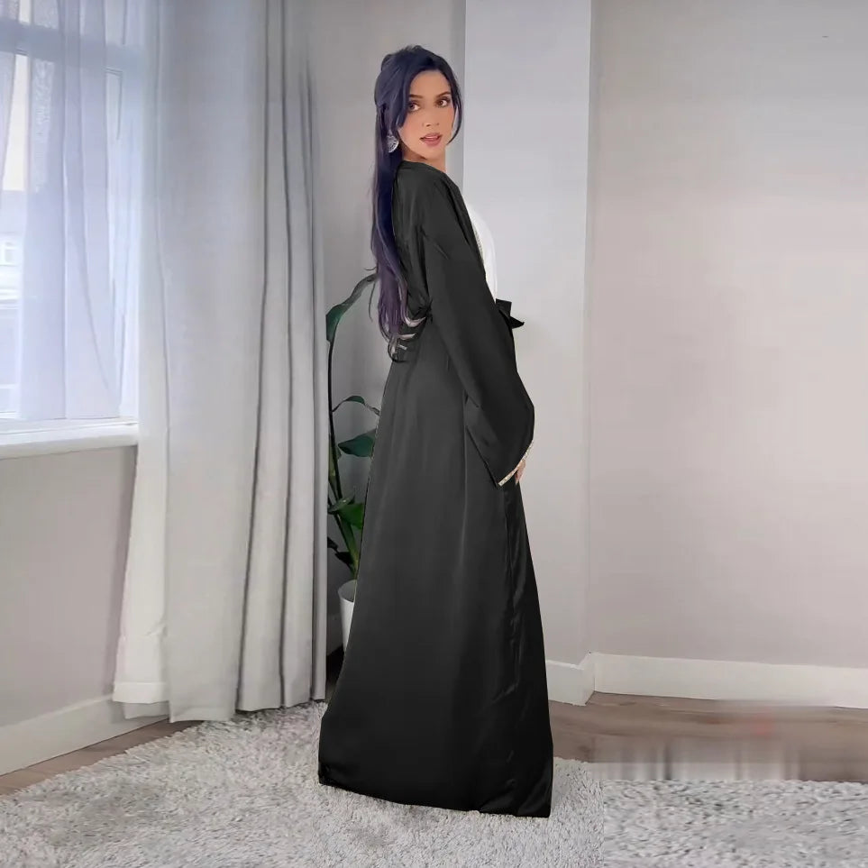 2024 Muslim Dress Diamond Women's Long Dress Fashion Long Sleeve Lace-up Long Abayas Casual Solid Color Clothes for Muslim Women
