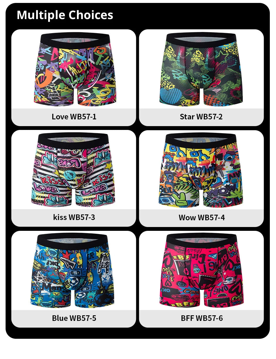 6 Pcs Parent-child Fashion Printed Underwear Men's Multi-size Long Boyshort Teenagers Comfortable And Versatile Elastic Waist S