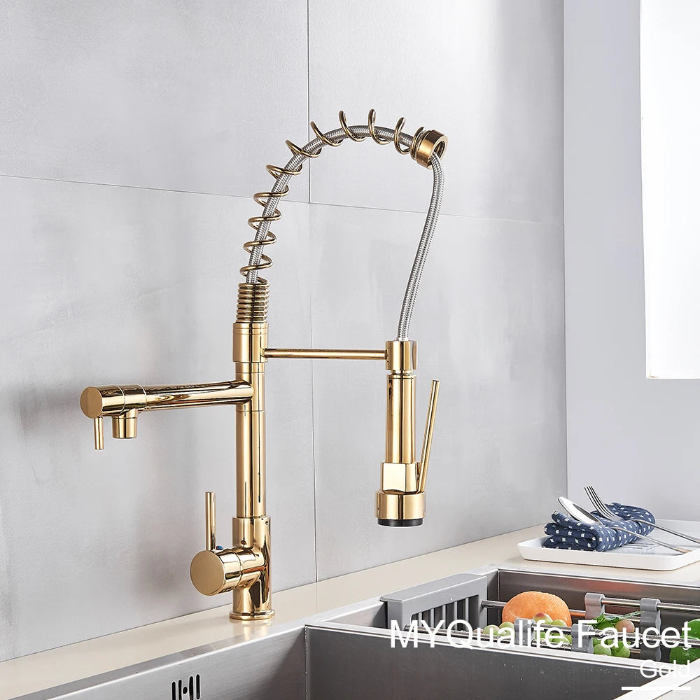 Black Pull Down Kitchen Sink Faucet Hot Cold Water Mixer Crane Tap with Dual Spout 360 Rotation High Faucet Deck Mounted