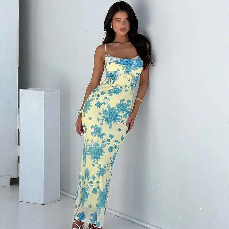 Avrilyaan Pile Collar Print Backless Sexy Dress Women 2024 Elegant Holiday Casual Dress Bodycon Summer Maxi Long Dress Vestido