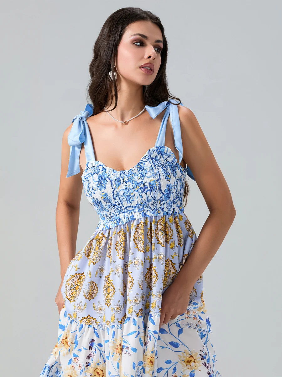 Combhasaki Women's Y2K Vintage Floral Print Ribbon Tie-Up Shoulder Straps Sleeveless V-Neck Summer Big Swing A-line Long Dress