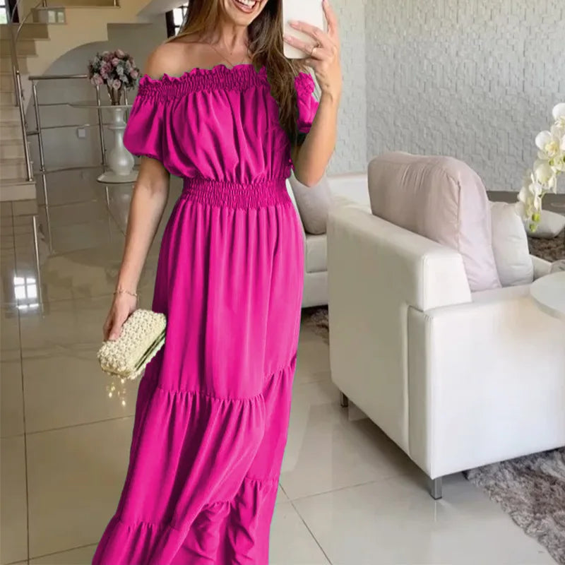 Women's Dress One-line Collar Spring And Summer Short-sleeved New Green Long Dress Fashion Casual Loose Beach Party Dresses Robe