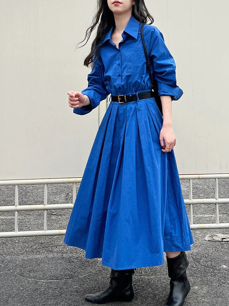 Polo‘s Collar Shirt Dress Women Spring Slimming Long Dress With A Cinched Waist Blue / Pink