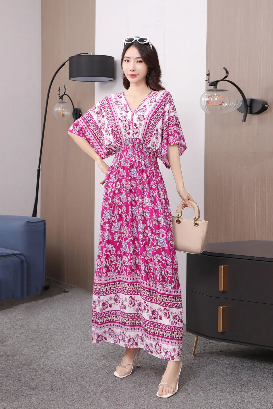 V-neck Large Skirt Hem Casual Sweet Holiday Long Dress Bat Sleeves Elastic Waist Bohemian Print Floral Elegant Dresse For Women
