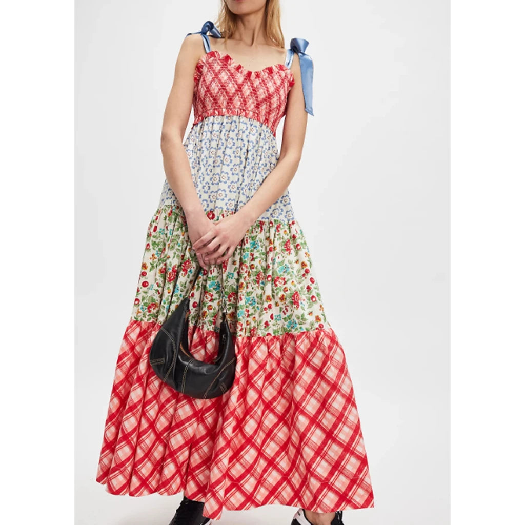 Combhasaki Women's Y2K Vintage Floral Print Ribbon Tie-Up Shoulder Straps Sleeveless V-Neck Summer Big Swing A-line Long Dress