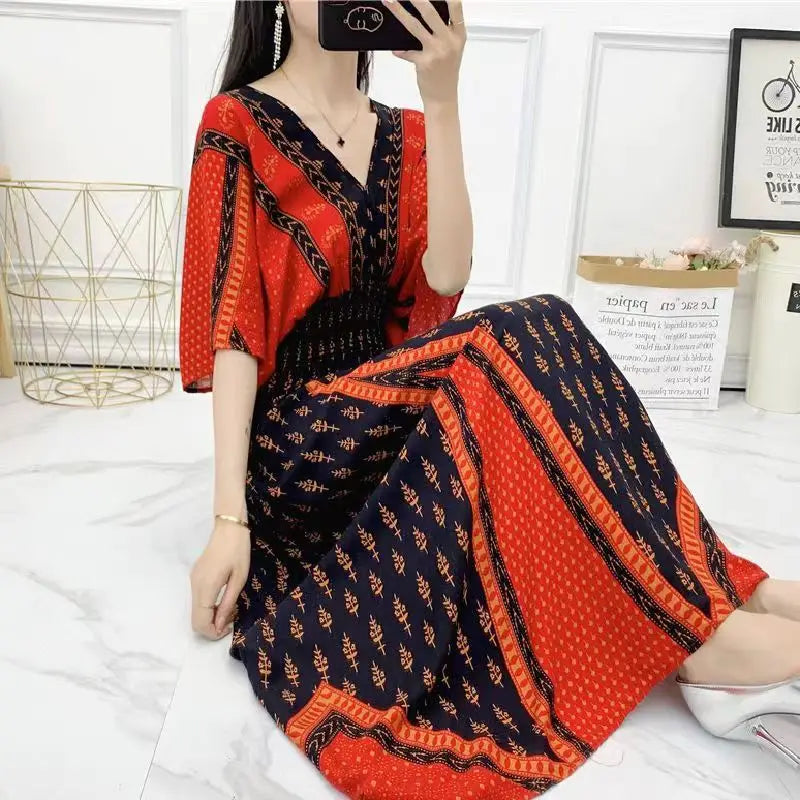 V-neck Large Skirt Hem Casual Sweet Holiday Long Dress Bat Sleeves Elastic Waist Bohemian Print Floral Elegant Dresse For Women