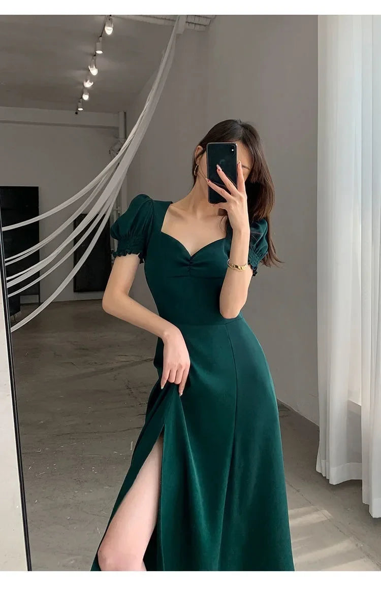 Sweet Vintage French Style Women's Long Dress Summer Hot Sale Of The Season New Bubble Sleeve Square Collar A- Line Split Skirt