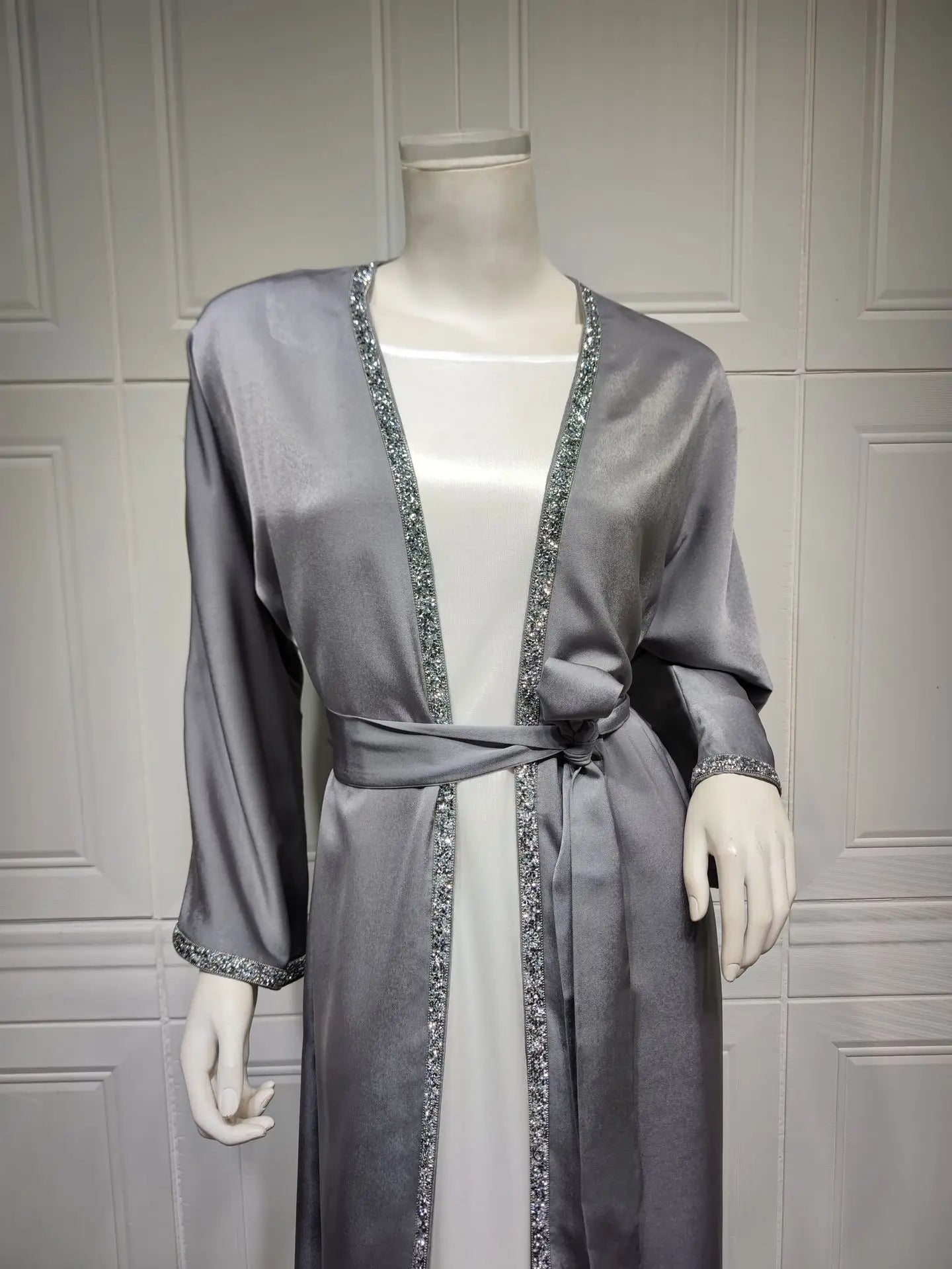 2024 Muslim Dress Diamond Women's Long Dress Fashion Long Sleeve Lace-up Long Abayas Casual Solid Color Clothes for Muslim Women