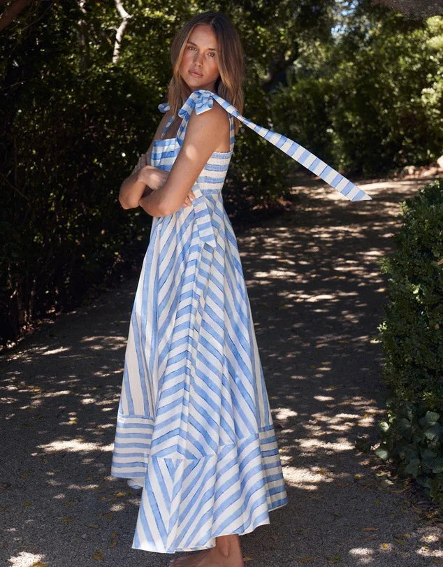 2024 Summer New Stripe Print Spaghetti Strap Dresses For Women Fashion Elegant Lady Bowknot Shoulder Strap Long Dress Vestidos