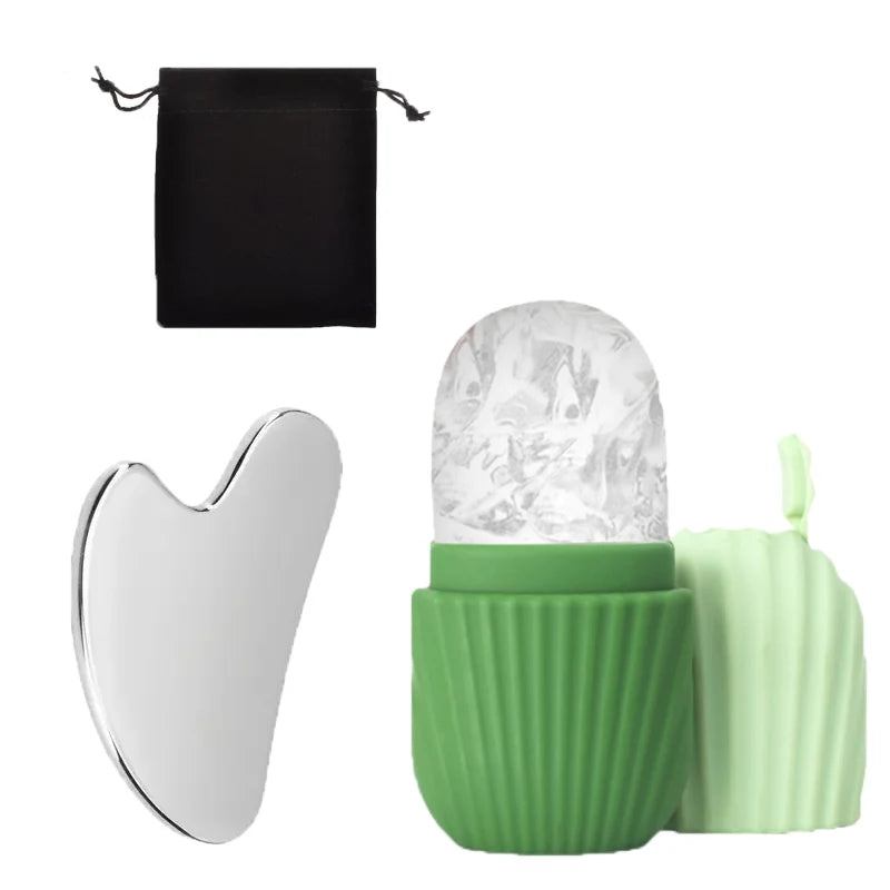 3-piece facial cleansing tool, stainless steel heart-shaped scraping tool, ice facial roller, a flannel bag
