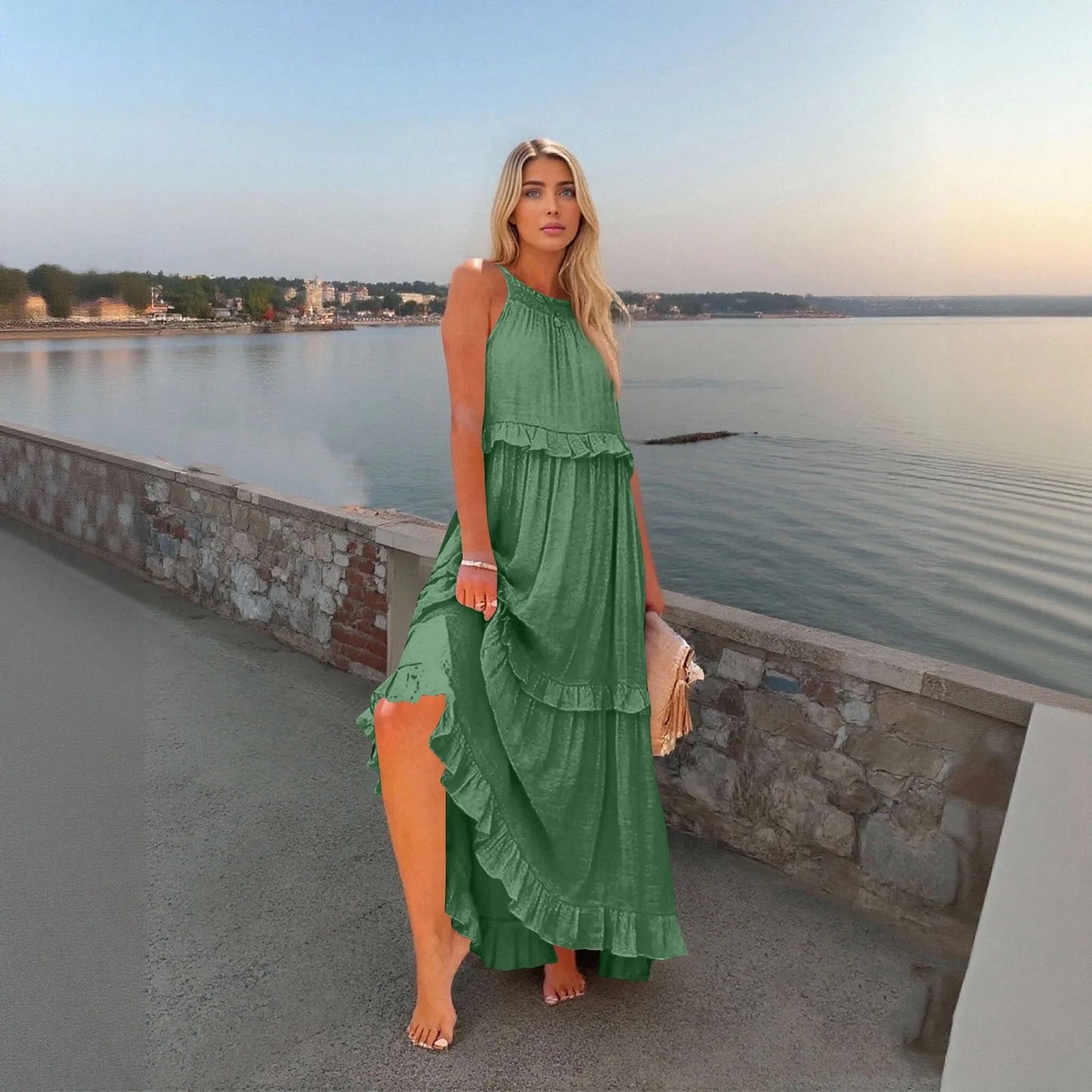 Women's Ruffled hem layered long dresses Summer Sleeveless backless dress Fashion Long Dress Big Swing Beach Dress vestidos