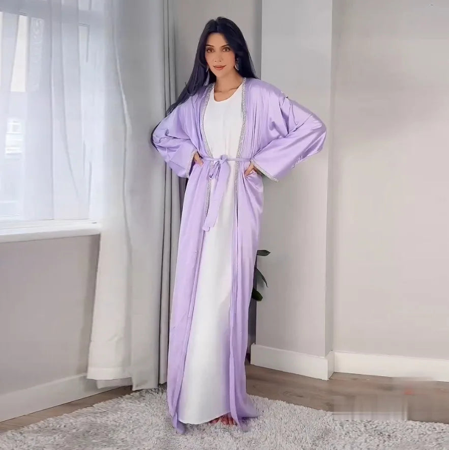 2024 Muslim Dress Diamond Women's Long Dress Fashion Long Sleeve Lace-up Long Abayas Casual Solid Color Clothes for Muslim Women