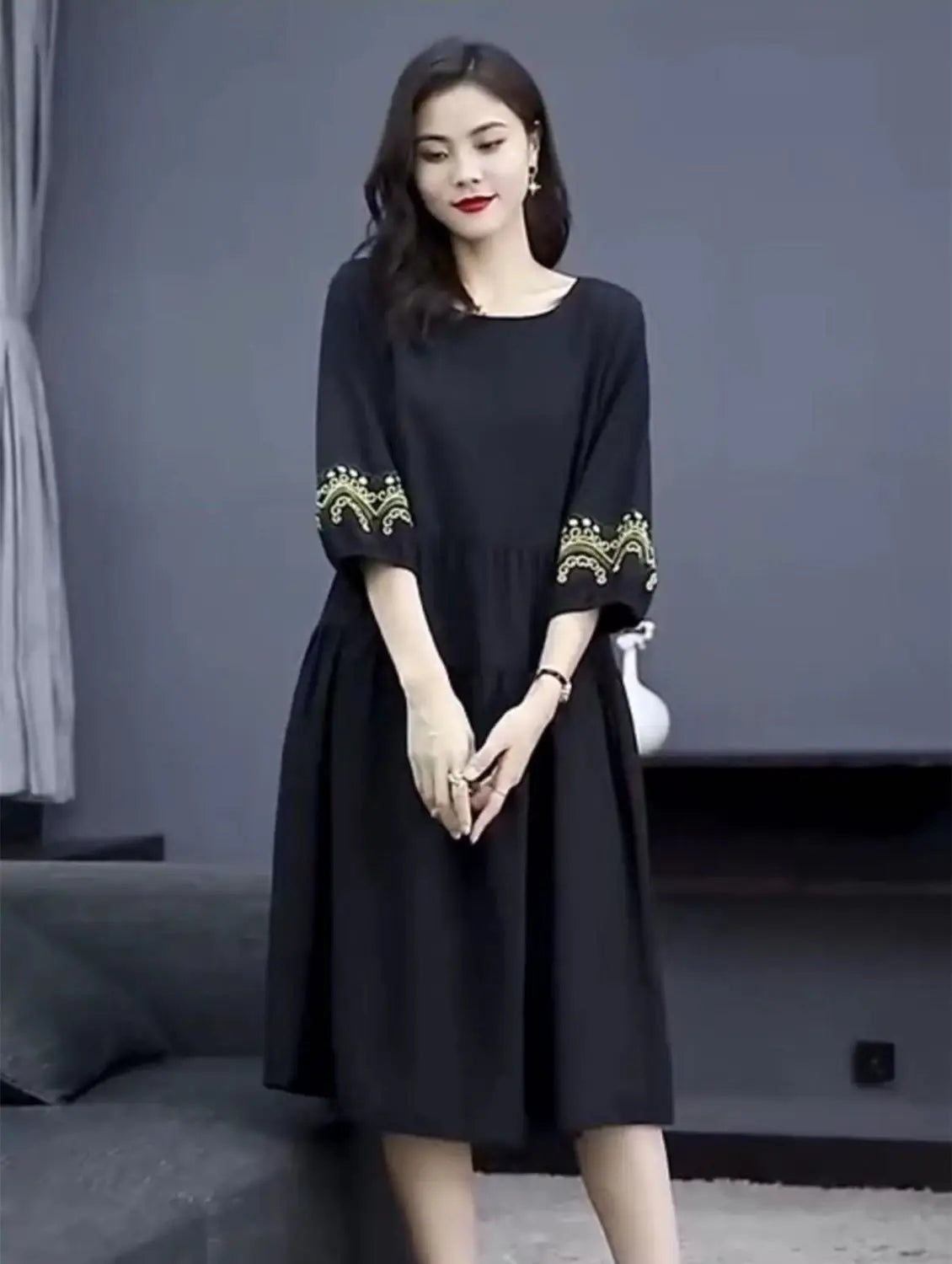Oversized Women Vintage Long Dress Fashion Casual Spring Summer New 3/4 Sleeve Indie Folk Embroidery Big Size Pullover Midi Robe