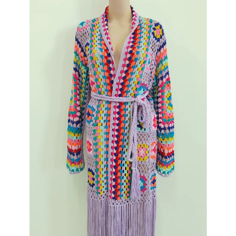 Crochet Knitted Women Cardigan Cover Ups Tassel Plaid Long Coat Bohemian 2023 Summer Beach Bikini Covers Sexy Hook Vestidos