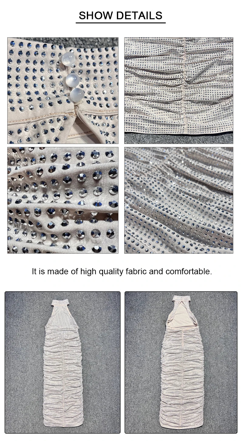 VC Halter Neck Backless Diamonds Long Dress For Women Sleeveless Folds Slim Formal Elegant Celebrity Cocktail Party Gown Vestido