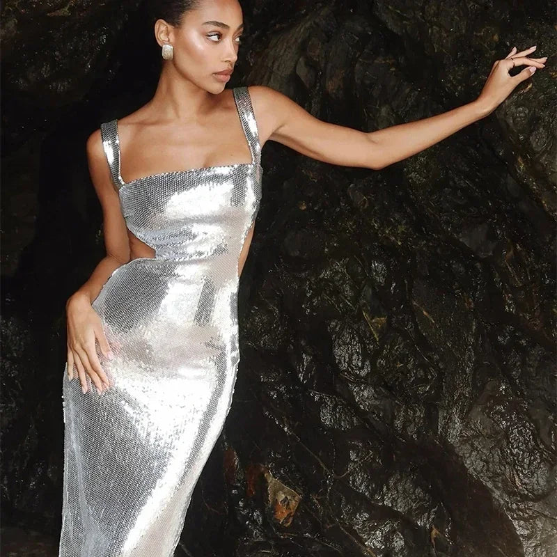 Sexy Square Neck Sling Long Dress Women Slim Sleeveless Backless Hollow Out Maxi Dresses 2025 Lady Party Christmas Gowns