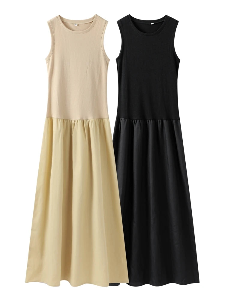 Fashion Patchwork Long Dress For Women Chic O-neck Sleeveless Party Midi Dresses Female Elegant Evening Holiday Lady Vestidos