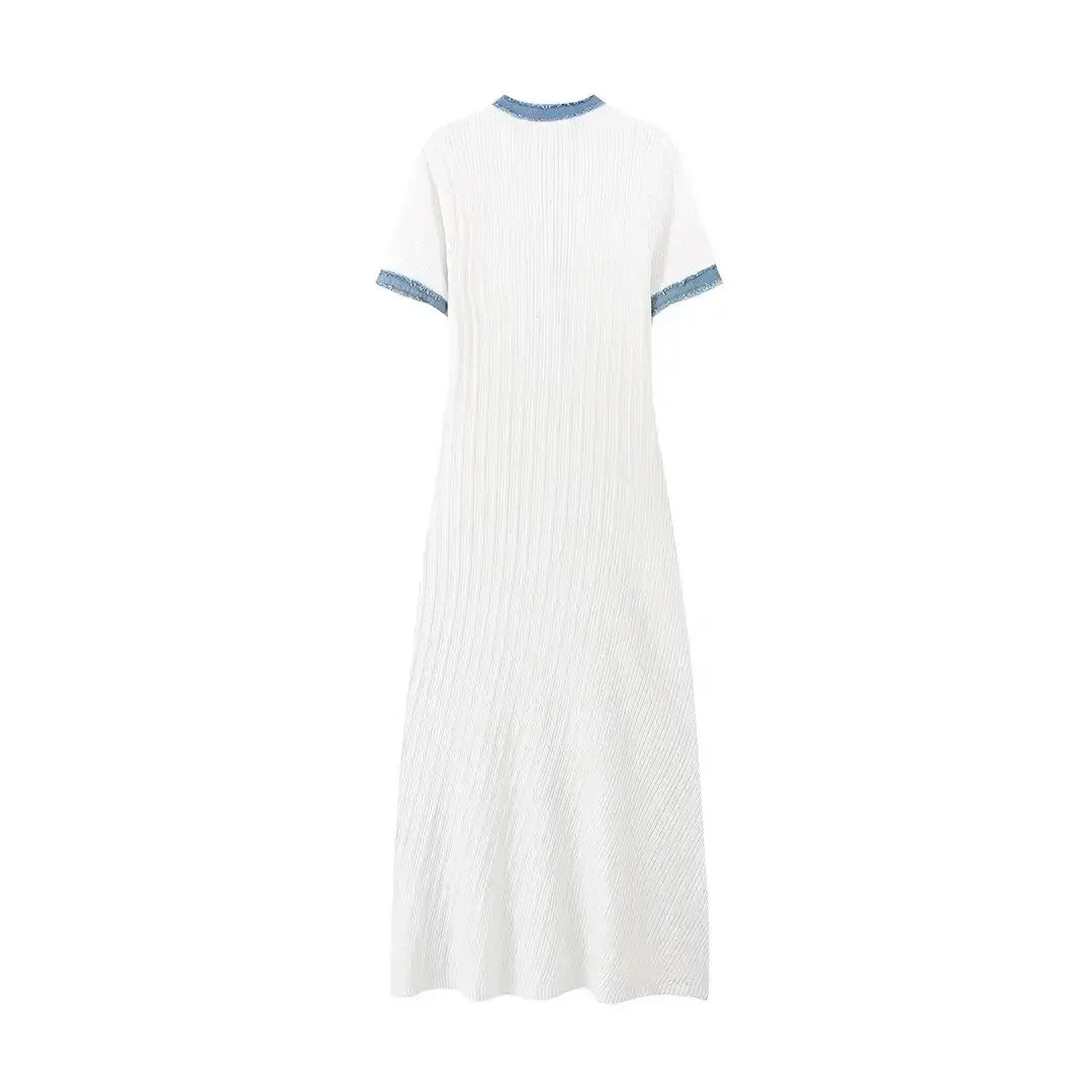 European and American style denim stitching knitted short-sleeved dress women's new high-end design long dress