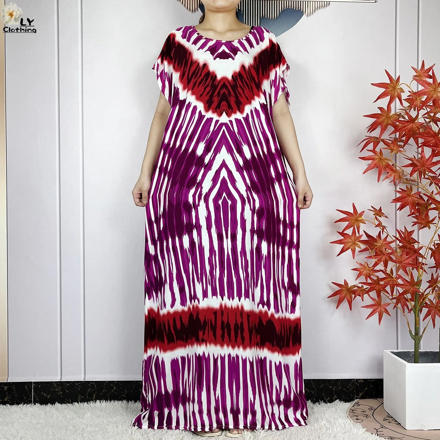 2024 New Style Short Sleeve African Dashiki Tie-dyed Cotton Abaya Caftan Lady Summer Maxi Islam Casual Dresses With Big Scarf