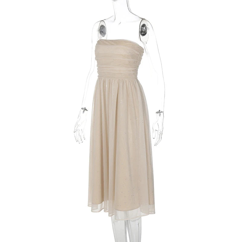 Mozision Off-shoulder Backless Bow Sexy Maxi Dress For Women Strapless Sleeveless A-line Loose Pleated Sexy Long Dress Clubwear