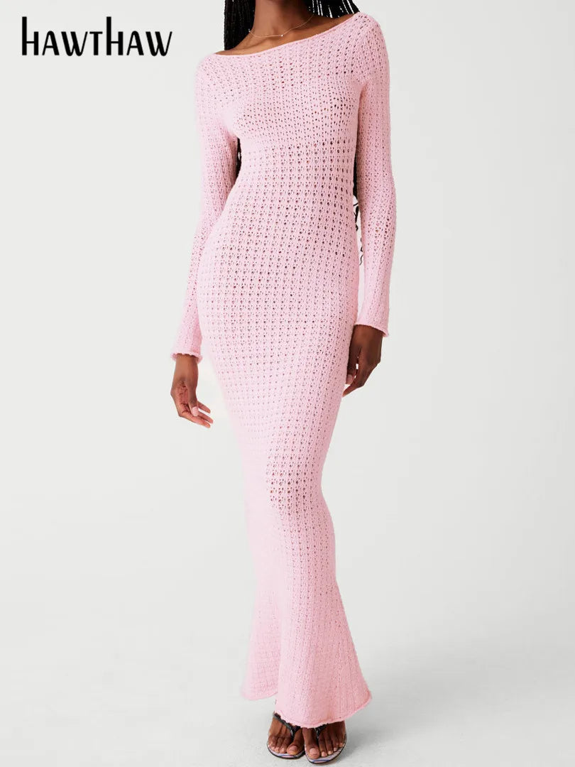 Hawthaw Women 2023 Autumn Winter Long Sleeve Streetwear Knitted Vacation Bodycon Pink Long Dress Wholesale Items For Business